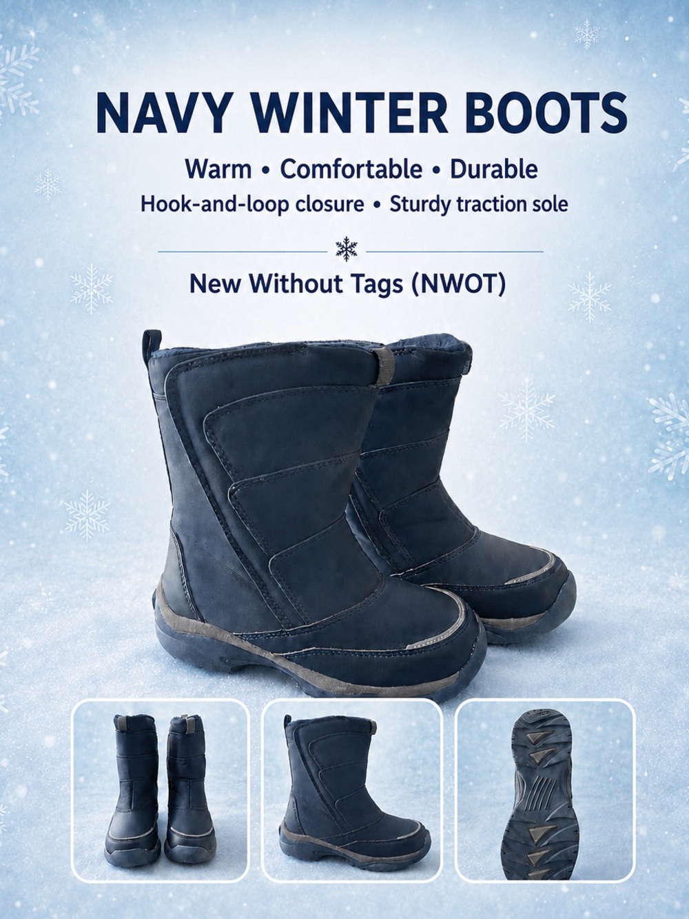 Navy Kids Winter Boots - Warm Hook-and-Loop Snow Bmoot.